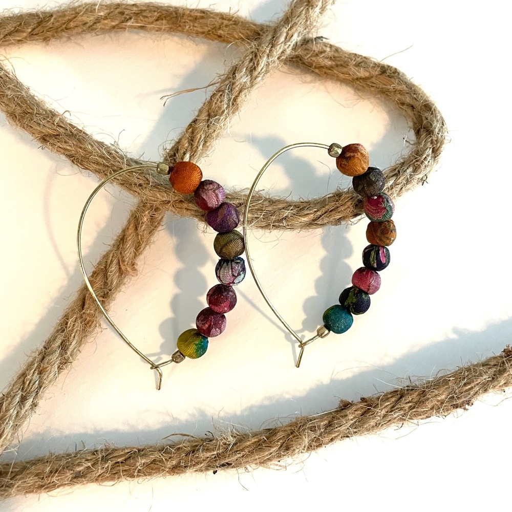 HAND MADE SILK RAINBOW BEAD EARRINGS 2” L